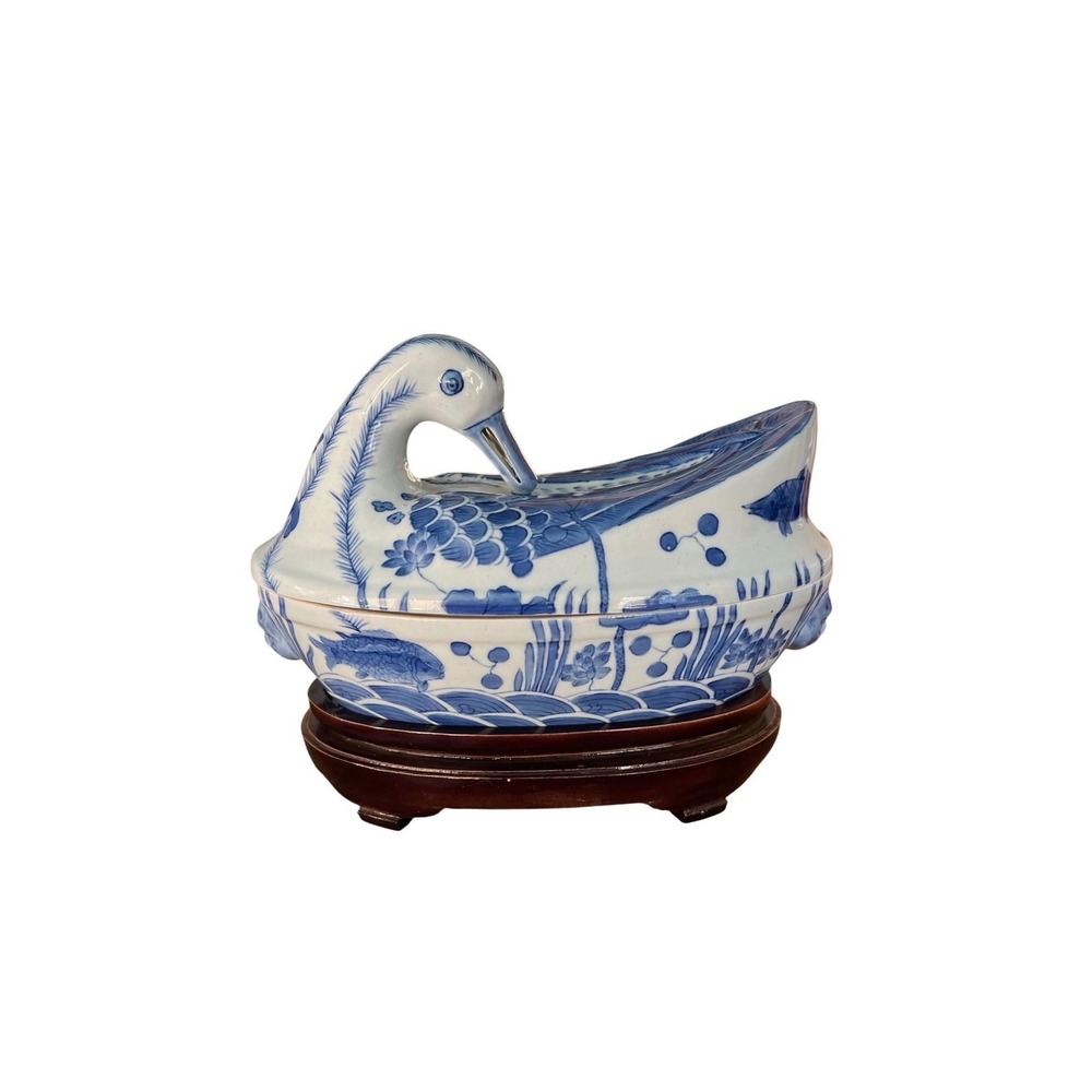 Vintage Blue White Porcelain Swan Tureen with Wood Stand Chinoiserie Decor